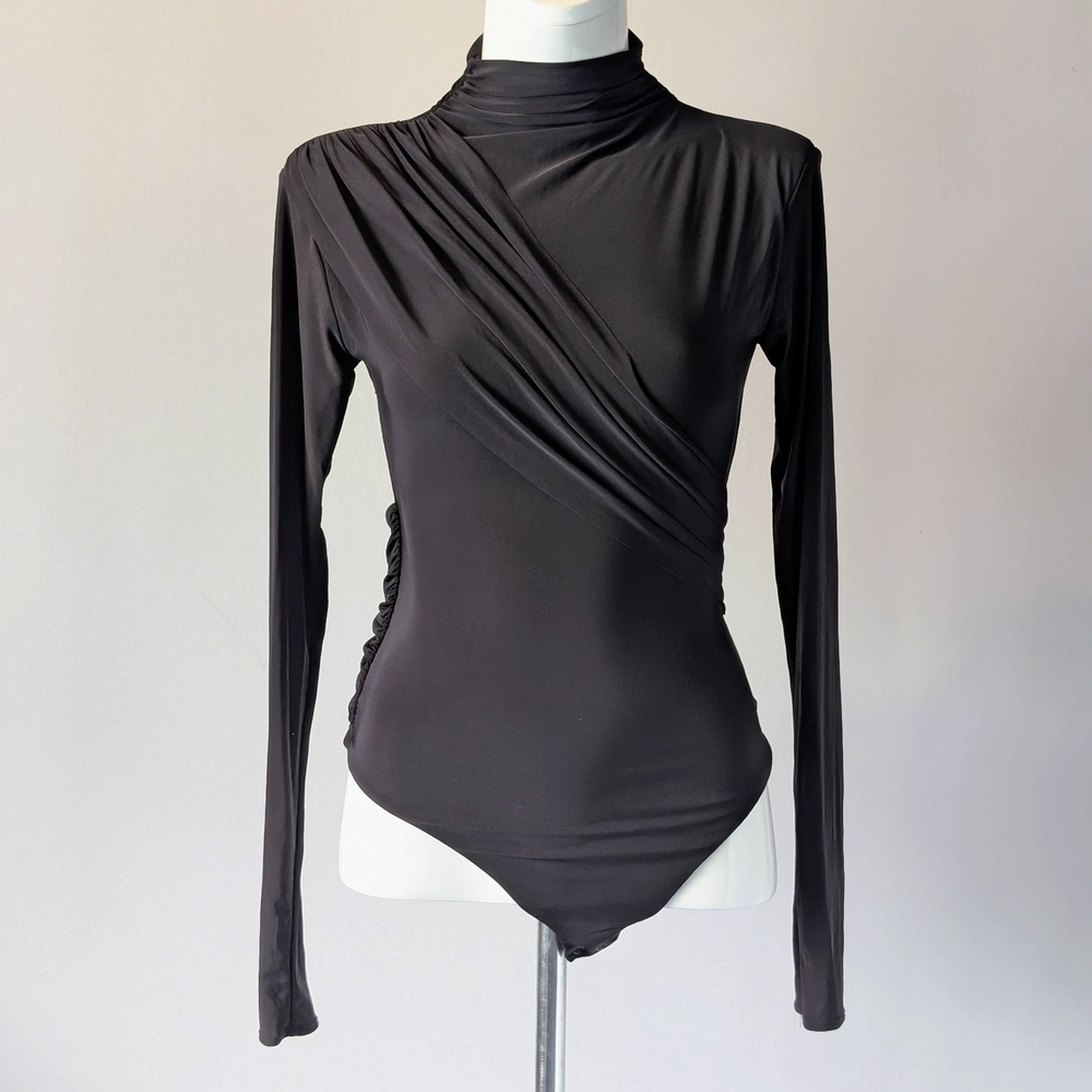 Naked Wardrobe Black Ruched Draped Bodysuit Top with Snap bottom Size M